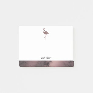 White on Rose Gold Marble, Flamingo & Border, Name Post-it Notes