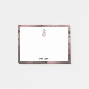 White on Rose Gold Marble Pineapple & Border, Name Post-it Notes