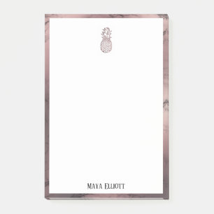 White on Rose Gold Marble Pineapple & Border, Name Post-it Notes