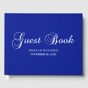 White on Royal Blue Decorative Script Personalized Guest Book