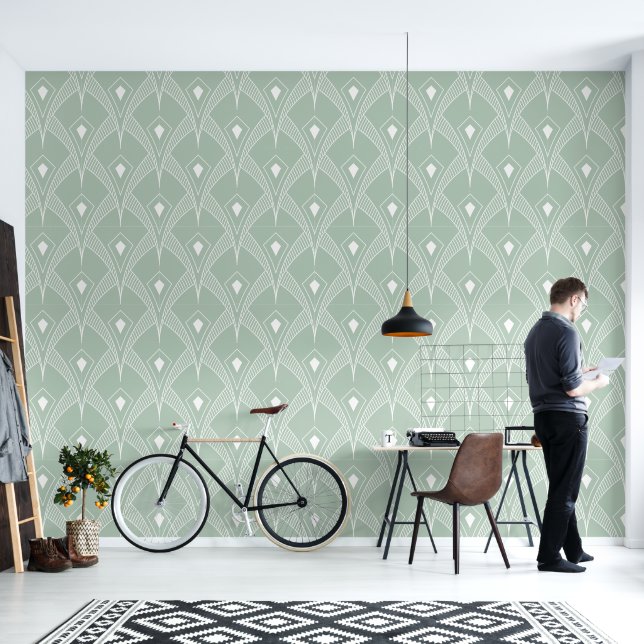 White on sage green art deco pattern wallpaper (Living Room)