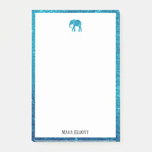White on Teal Faux Glitter Elephant & Border, Name Post-it Notes