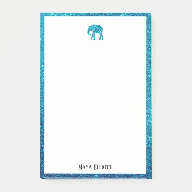 White on Teal Faux Glitter Elephant & Border, Name Post-it Notes (Front)