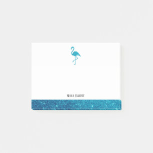 White on Teal Faux Glitter Flamingo & Border, Name Post-it Notes