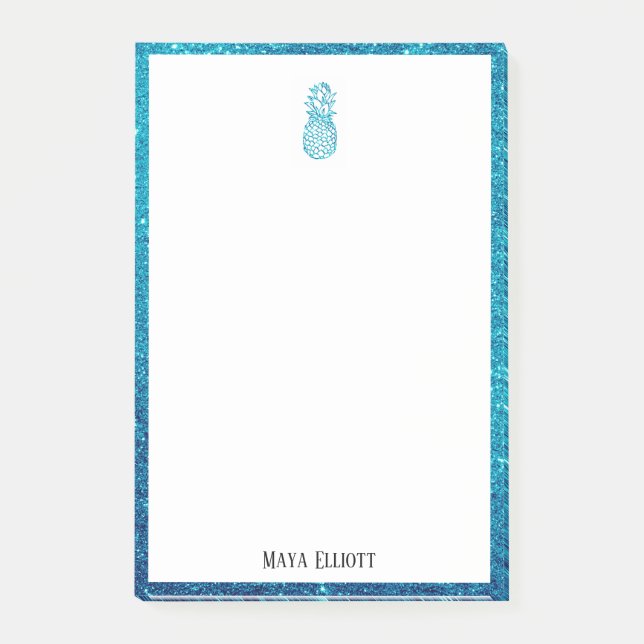 White on Teal Faux Glitter Pineapple & Border Post-it Notes (Front)