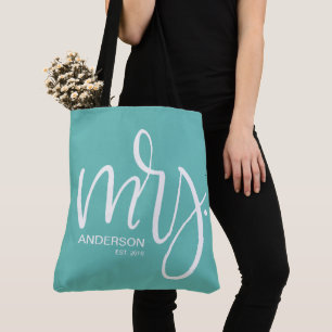 White on teal personalized Mrs. ESTABLISHED Tote Bag