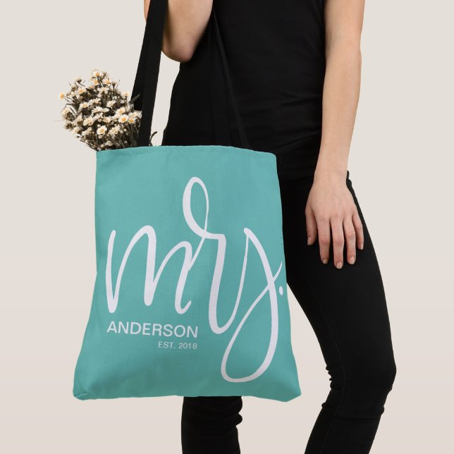 White on teal personalized Mrs. ESTABLISHED Tote Bag (Close Up)