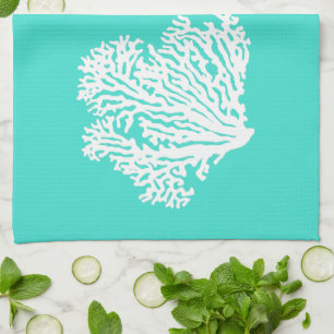 White On Turquoise Coastal Decor Coral Kitchen Towel