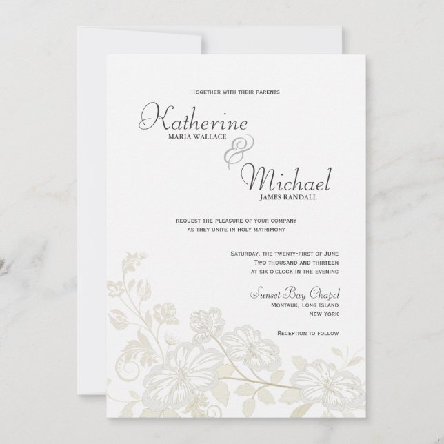 White on White Floral Wedding Invitations (Front)