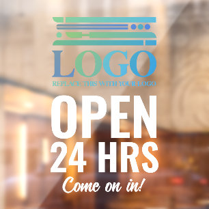 White Open 24 Hrs Add Your Business Logo Window Cling