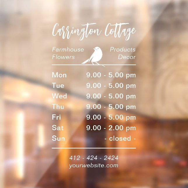 White Opening Hours. Custom Business Window Decal (Sheet 2)