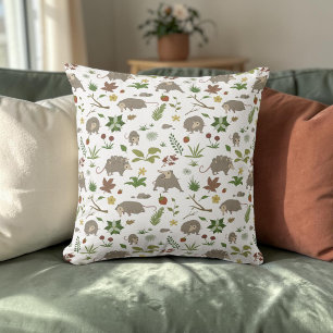 White Opossum Woodland Floral Cottagecore Throw Pillow