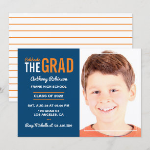 White, Orange and Navy Blue Graduation Party Invitation