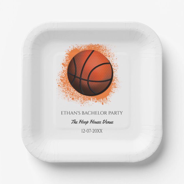 White orange  basketball birthday / bachelor party paper plate (Front)