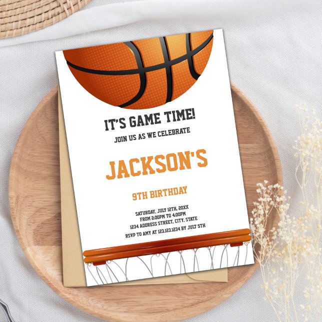 White & Orange Basketball Birthday Invitation (White Orange Basketball Invitations)