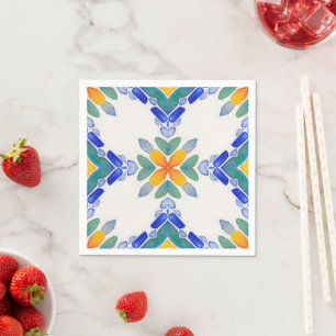 White orange blue green mosaic tile pattern napkin