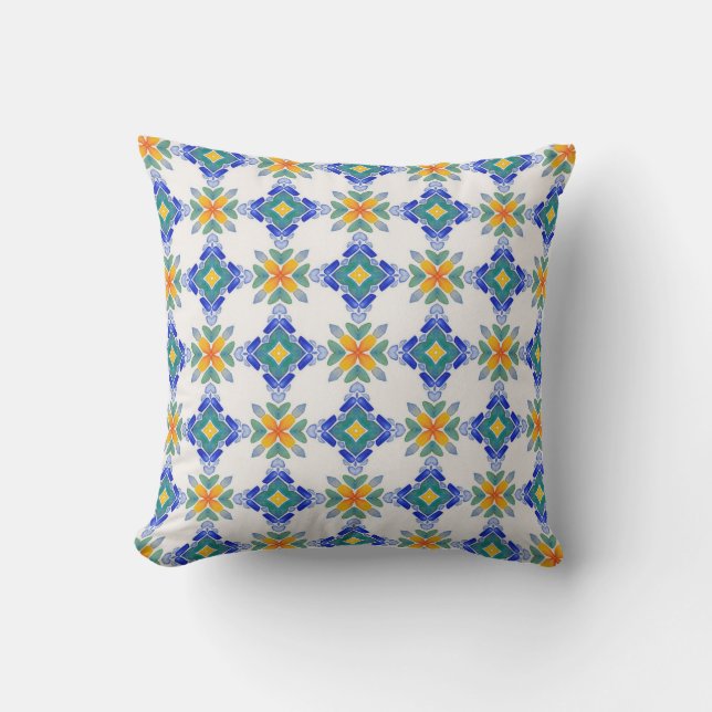 White orange blue green mosaic tile pattern throw pillow (Front)