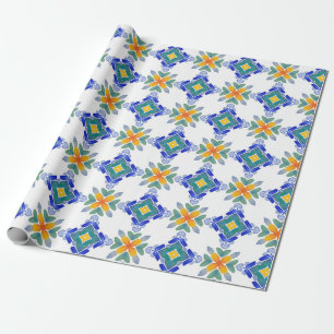 White orange blue green mosaic tile pattern wrapping paper