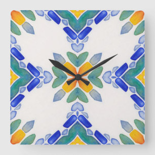 White orange blue mosaic tile pattern square wall clock