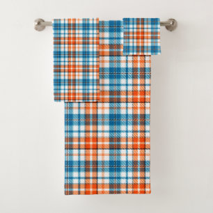 White Orange Blue Plaid Tartan Design Bath Towel Set
