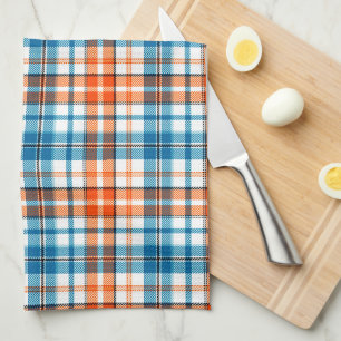 White Orange Blue Plaid Tartan Design Kitchen Towel