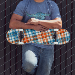 White Orange Blue Plaid Tartan Design Skateboard