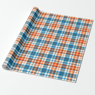 White Orange Blue Plaid Tartan Design  Wrapping Paper
