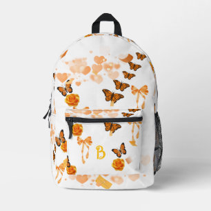 White & Orange Butterfly Rose Monogram "B" Backpac Printed Backpack