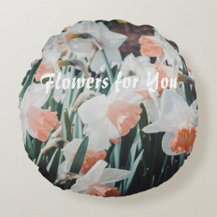 White Orange Daffodils in the Spring Garden Round Pillow