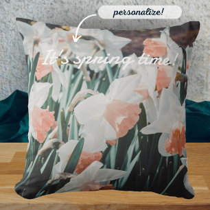 White Orange Daffodils in the Spring Garden Throw Pillow