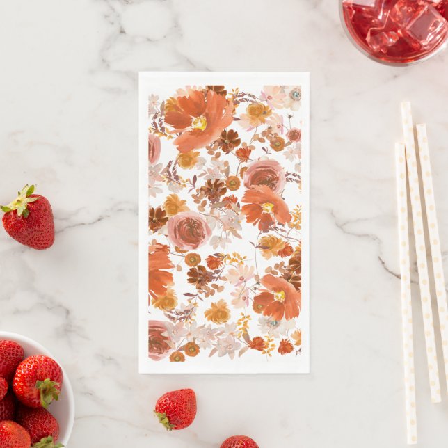 White Orange Floral Abundance Bouquet Wedding Napkin (Insitu)