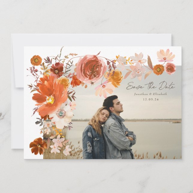 White Orange Floral Frame Bouquet Wedding Photo Save The Date (Front)