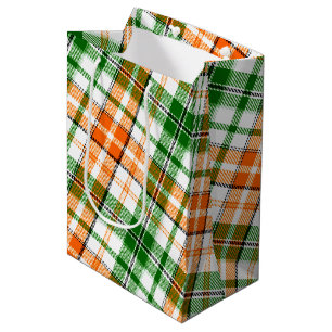 White Orange Green Plaid Tartan Design  Medium Gift Bag
