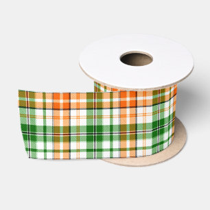 White Orange Green Plaid Tartan Design Satin Ribbon