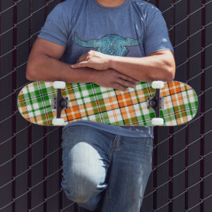 White Orange Green Plaid Tartan Design  Skateboard