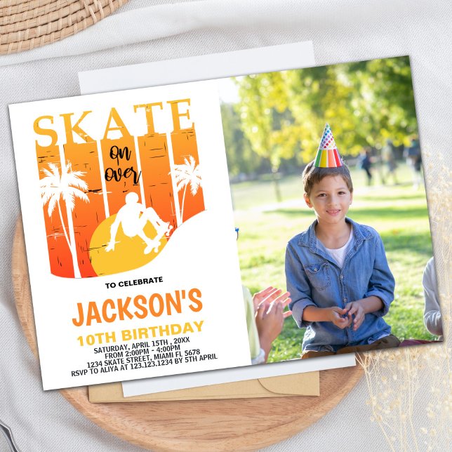 White Orange Photo Skateboard Birthday Invitations (White Orange Photo Skateboard Birthday Invitations)