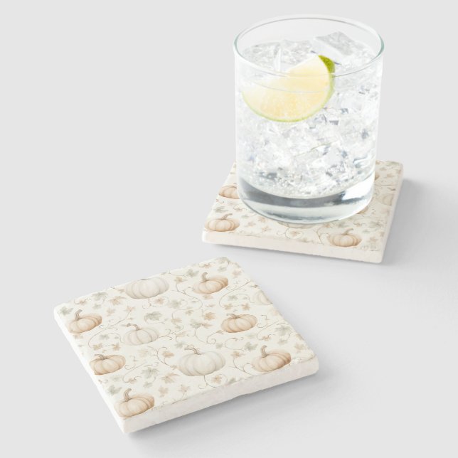 White Orange Pumpkins Leaves Stone Coaster (Side)