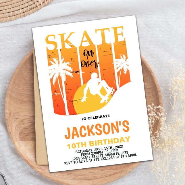 White Orange Skateboard Birthday Invitations (White Orange Skateboard Birthday Invitations)