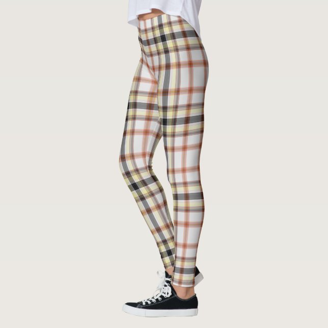White Orange Yellow Black Giant Tartan Plaid Leggings (Left)