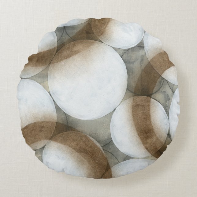 White Orbs & Brown Circles Round Pillow (Front)