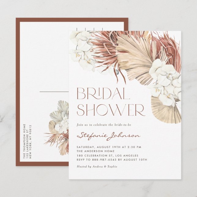 White Orchid and Dried Palm Boho Bridal Shower Invitation Postcard (Front/Back)