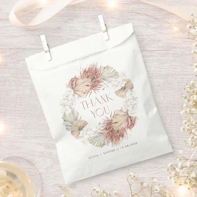 White Orchid and Dried Palm Wreath Boho Wedding Favour Bag (Clipped)