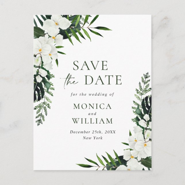 White Orchid Bohemian Floral Wedding Save The Date Postcard (Front)