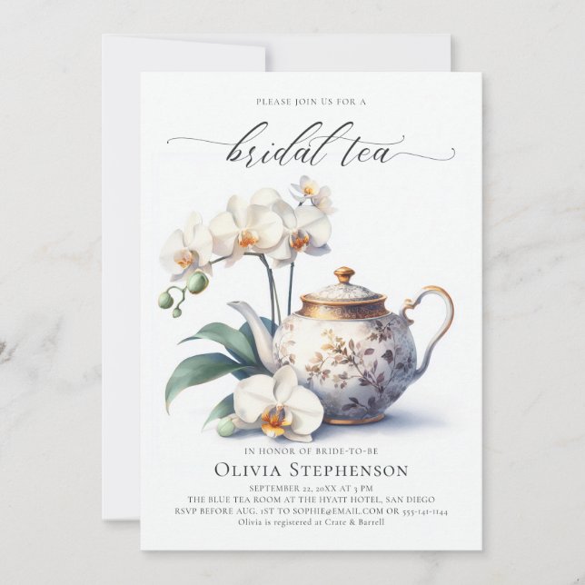  White Orchid Elegant Set Script Bridal Tea Shower Invitation (Front)