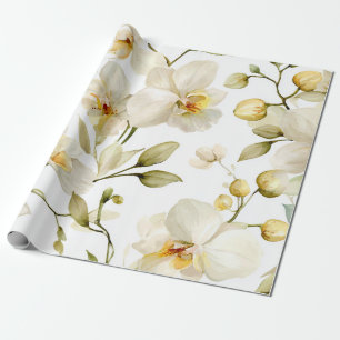 White Orchid Elegant Yellow Floral Botanical  Wrapping Paper