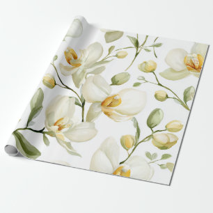 White Orchid Elegant Yellow Floral Botanical  Wrapping Paper