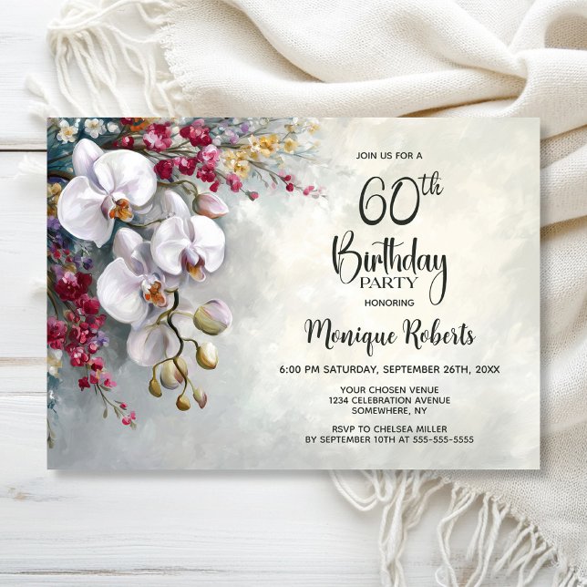 White Orchid Floral 60th Birthday Party Invitation (Creator Uploaded)