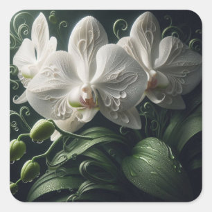 White Orchid Floral Square Sticker