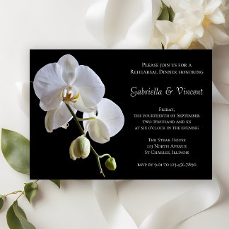 White Orchid Flower Black Wedding Rehearsal Dinner Invitation