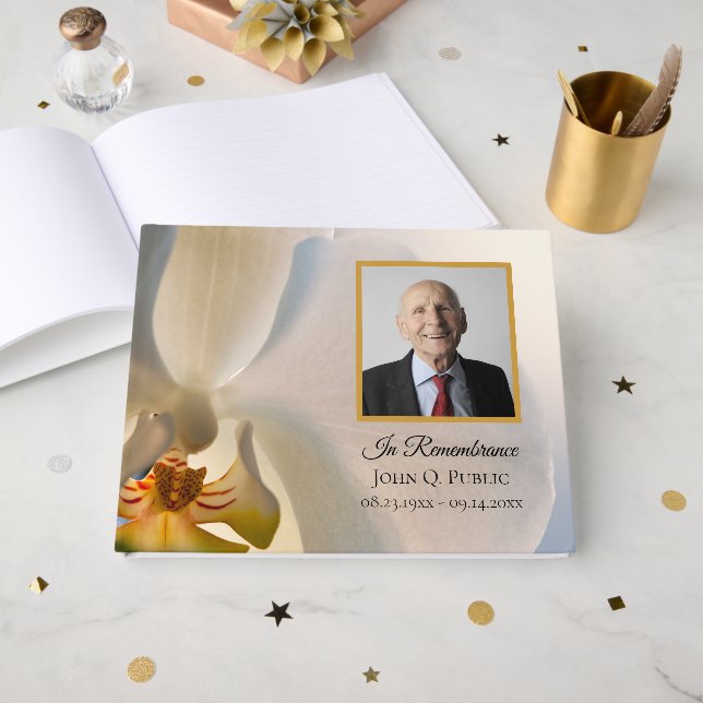 White Orchid Flower Celebration of Life Funeral Guest Book (Front Open)